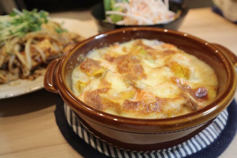 簡単！ヘルシー豆乳でつくるカボチャとサーモンのほくほくグラタン