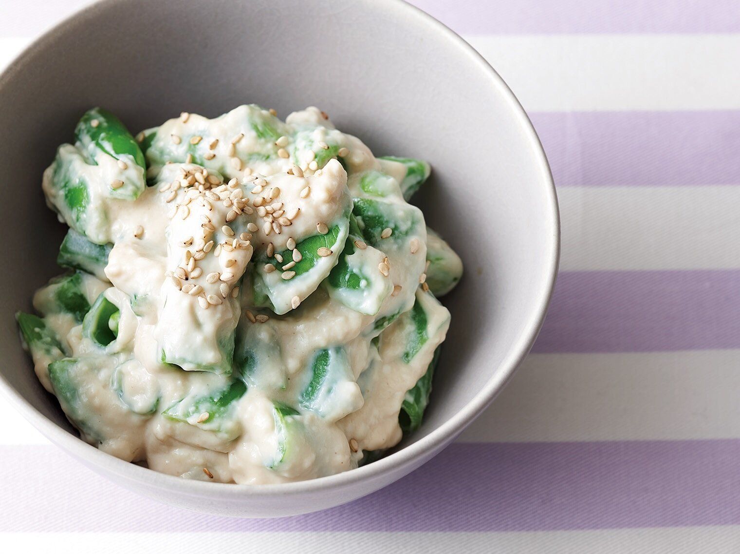 豆腐のころもと春の豆のハーモニー！スナップえんどうの白あえ