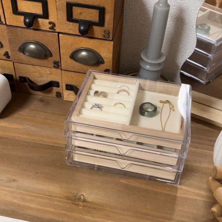 ジュエリーボックス、引き出し3段、ダイソートレイ8枚付き DAISO】高みえ!!木製アクセサリートレイと3段引き出しケースで最強の
