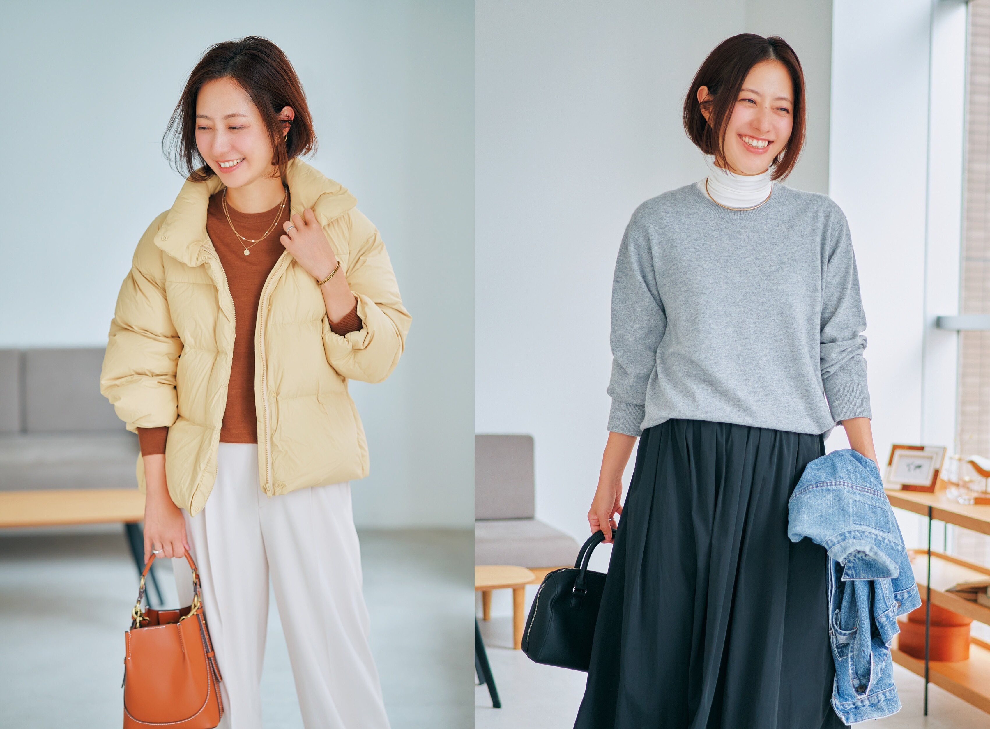 〈40代のユニクロ〉グレーのメンズのカシミヤセーター＆イエローのダウンジャケット