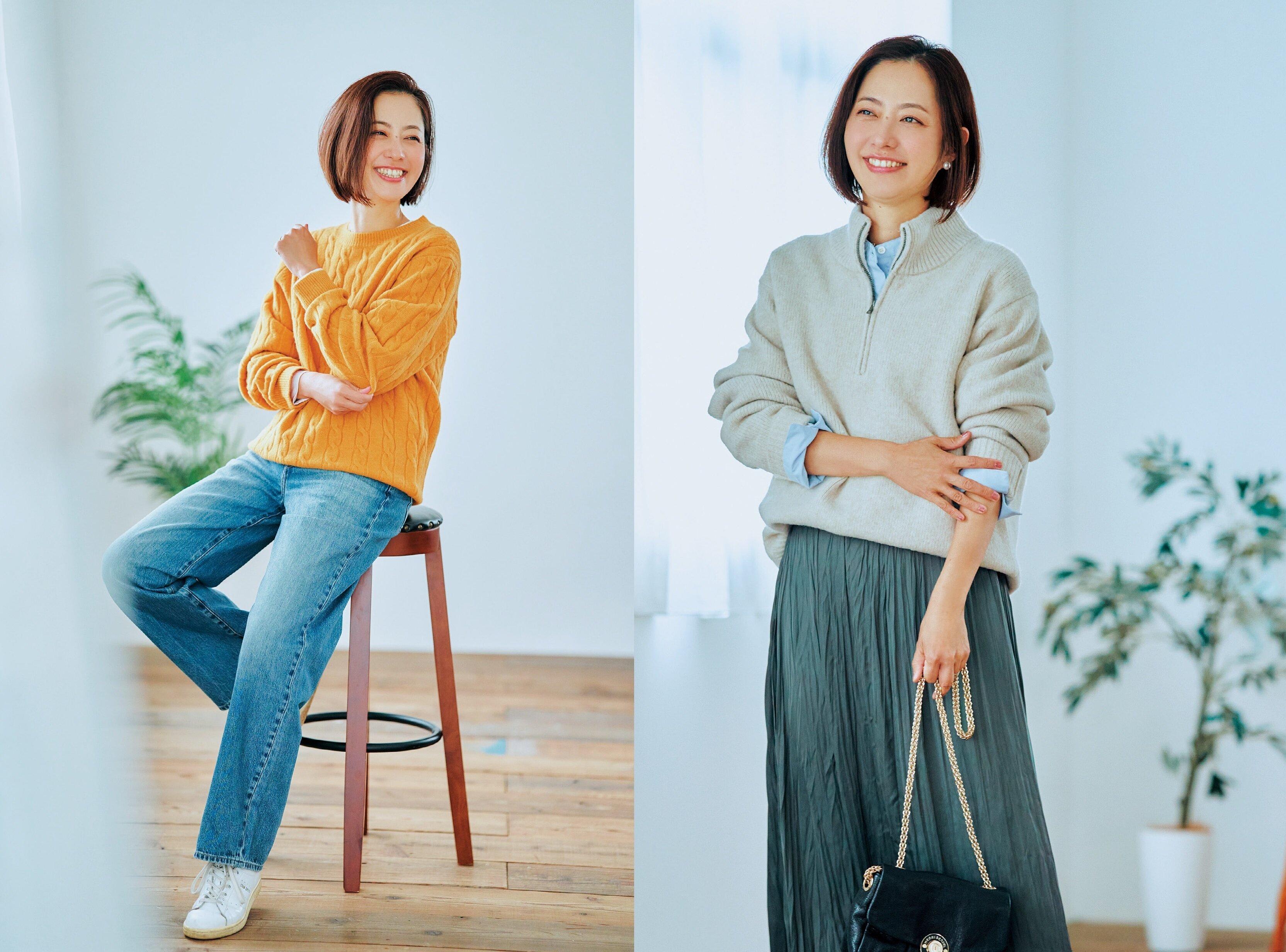 〈40代のユニクロ〉メンズのハーフジップセーター＆ブルーのワイドストレートジーンズ