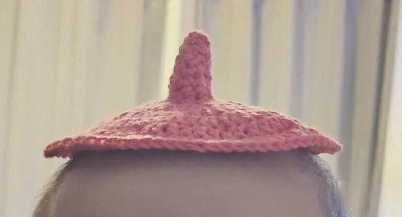 どんぐり帽子を作成中、途中段階はまさに茶碗蒸しの蓋?!それを被る娘の顔がかわいすぎると5万件のいいね